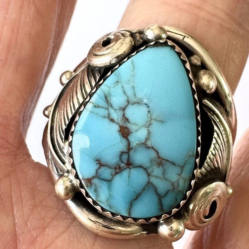Navajo Mens Ring Sz 13 Turquoise Leaf Feather Signed D Morgan Sterling Native